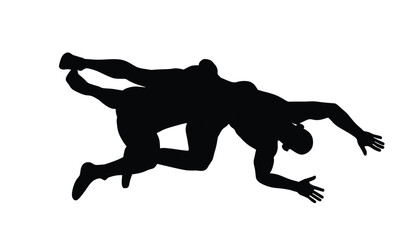Wrestlers match competition, sports man wrestling vector silhouette illustration isolated on white. Gymnastic martial art. Fighter self defense skills. Wrestler game duel Greek Roman style of fight.