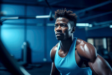 blue light photo of a young African-American gym instructor - obrazy, fototapety, plakaty