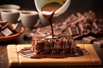 pouring melted chocolate on a belgian waffle - obrazy, fototapety, plakaty