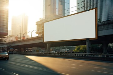 blank billboard with cars passing by in the background Generative AI - obrazy, fototapety, plakaty