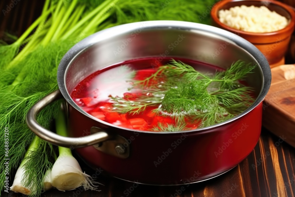 Wall mural hand drops fresh dill sprigs into simmering borscht