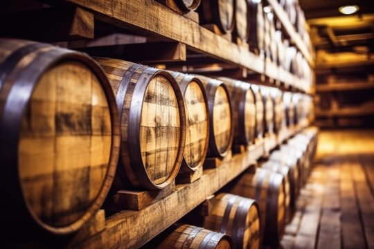 close-up shot of bourbon aging barrels stacked in a cellar