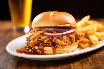 close-up shot of pulled pork topped with sliced onions