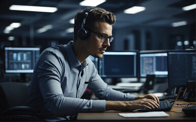 An IT company employee, wearing glasses, is busy writing program code in a stylish modern office with numerous monitors in the background. His current project is developing artificial intelligence