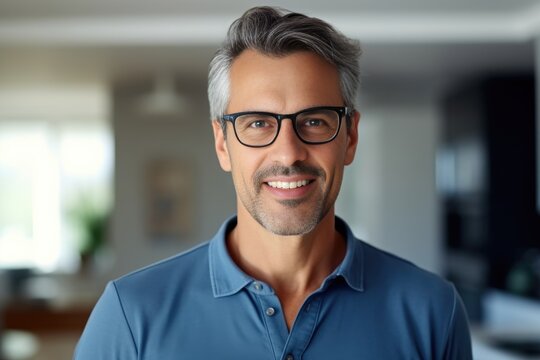smiling Middle-aged guy with eyeglasses and blue shirt at home