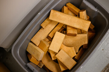 a box full of wooden shapes