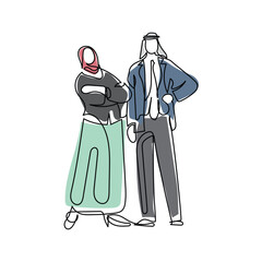 business man and woman. continuous line art vector of an arab couple. arab couple in business world. arab entrepreneurs