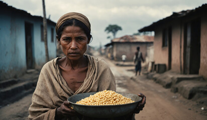 African hunger a crisis that plagues women. An African woman asks for food for her family, standing among the slums and holding grain in a plate. Global problems of the world - obrazy, fototapety, plakaty