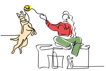 Hand drawn line art vector of woman Playing Ball with Pet Spending Time at Summertime City Park. Leisure, Communicating with Home Animal in Park. Woman Walking with Dog Outdoors, Relaxing.