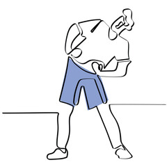 continuous line art vector of Family Sport Exercises, Young Athlete Man and Boy Characters Doing Fitness or Aerobics with Little Child. Father and Son Workout Together in Gym or Home.