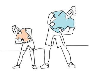 continuous line art vector of Family Sport Exercises, Young Athlete Man and Boy Characters Doing Fitness or Aerobics with Little Child. Father and Son Workout Together in Gym or Home.