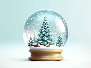 3d illustration of winter snow globe with fir on light blue