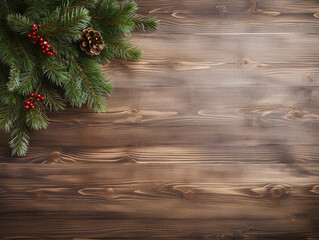 Green New Year branches on wooden background