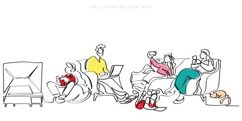 Hand drawn line art vector of Parents and Children Sitting Together at Home Using Gadgets, Smartphones, Digital Devices. Concept of social media addiction and its impact on family values