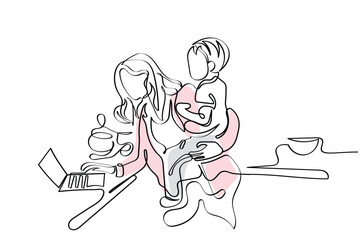 mother and child. hand drawn line art vector of Busy cute woman mom with a baby in her arms works on a laptop in the kitchen. Family concept and freelance work, Authentic life style and toning.