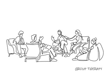 group of people. Hand drawn ine art vector of Group Therapy Addiction Treatment Concept. Counseling with Psychologist on Psychotherapist Session. Doctor Psychologist Counseling with Diseased Patients.