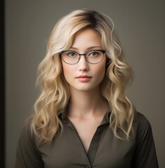 Fototapeta premium Professional portrait of a confident young woman in spectacles, exuding elegance. Her wavy blonde locks and subtle makeup enhance her poised demeanor. Perfect for business and fashion themes.