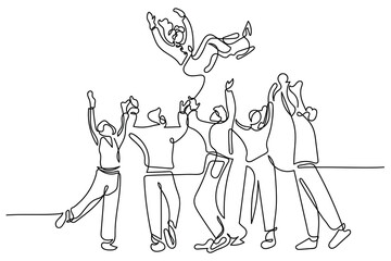 hand drawn line art vector of Happy People Toss Up Person Celebrating Success, Group of Positive Friends Celebrate Victory Achievement Together, Joyful Characters Team Congratulation Woman Colleague