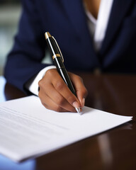 A close-up of a businesswoman's hand signing an important document