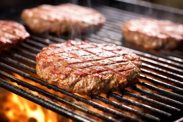mid-flip beef patty in a broiler with grill lines