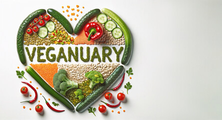 Vegetarian concept from vegetables, fruits and plant based protein food forms a heart-shaped, top view. Veganuary month long vegan commitment in January.