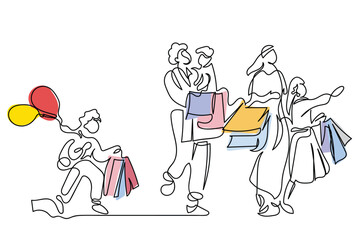 shopping for sale. hand drawn line art vector of Happy Family Shopping. Father, Mother and Little Kids Holding Paper Bags and Balloons Visiting Supermarket for Purchases, Children with Parents in Shop