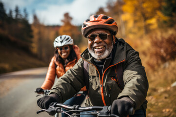 Fototapeta premium Happy adult laughing african american couple with big smiles riding bikes down the street
