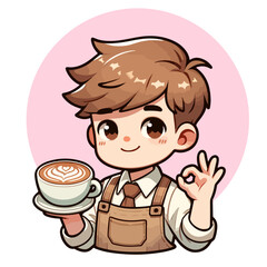 Cute boy barista cartoon vector illustration