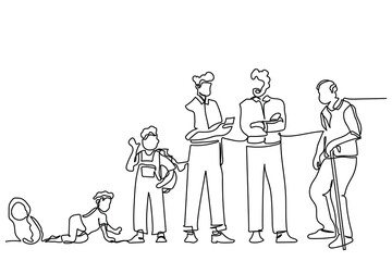 hand drawn line art vector of Stages of Man . Male Character Life Cycle, Growth, Aging Process. Happy People Baby, Toddler, Kid, Teenager, Young, Adult Senior and Old Men Timeline. Minimal Line art