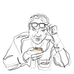 Line art of elderly man with glasses having trouble seeing cell phone has vision problems. Negative human emotion facial expression perception. Confusing technology, Bad vision in old age art