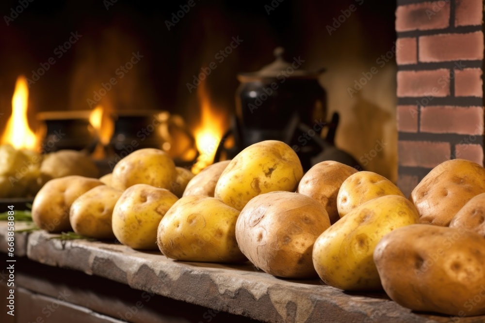 Poster row of juicy, ready-to-eat potatoes against fireplace backdrop