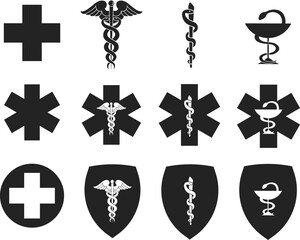 Medical hospital symbol vector icons set. Star of Life with cross, caduceus, Rod of Asclepius and pharmacy symbol Bowl of Hygieia. Isolated on white background. Logo sign concept. Vector illustration.