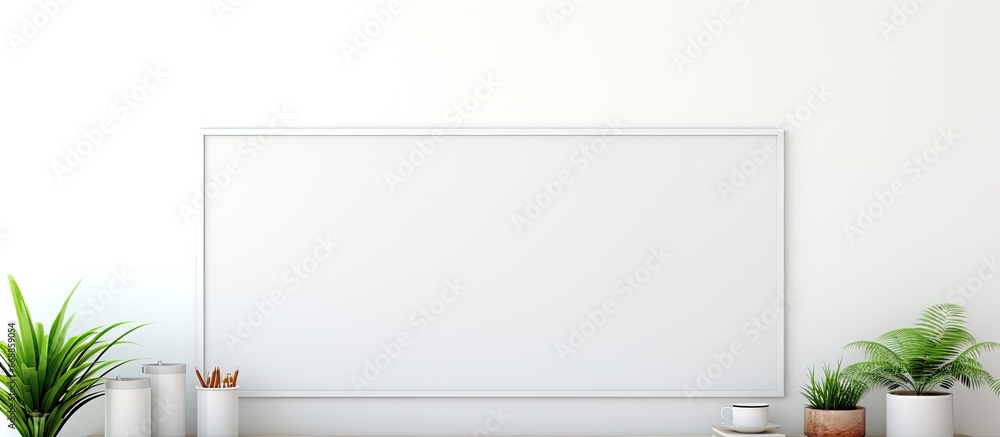Poster ai renders minimal white office workspace with computer screen and decor against window