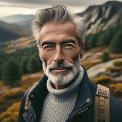 Fotografía de un hombre de edad avanzada con piel arrugada y ojos expresivos, en un entorno natural de montaña, transmitiendo la idea de que la belleza - obrazy, fototapety, plakaty