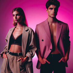 Fotografía de un modelo masculino y femenino en un estudio minimalista, iluminados con luces en Viva Magenta. Ambos visten ropa contemporánea