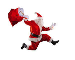 santa claus runs fast to deliver all gifts for christmas - obrazy, fototapety, plakaty