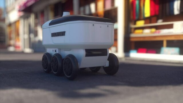 Automated Delivery Robot with Self Driving Technology. Autonomous delivery robot drives along the street. Future Industry of Delivery Logistic