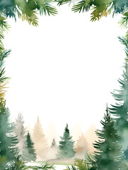 Christmas watercolor frame with green pine trees, white copy space inside for text