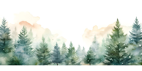 Watercolor pine tree forest background with white copy space for text