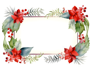 Naklejka premium Christmas watercolor frame with greens, red flowers and berries, white copy space inside for text