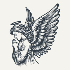 Angel with halo praying. Vintage woodcut engraving style hand drawn vector illustration. - obrazy, fototapety, plakaty