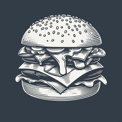 Double hamburger. Vintage woodcut engraving style hand drawn vector illustration on dark background.