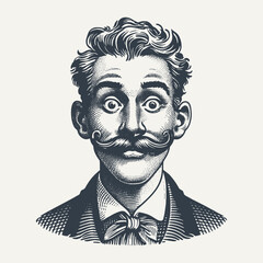Funny man wih suit and moustache. Portrait of a Funny man with suit and moustache. Vintage woodcut engraving style hand drawn vector illustration