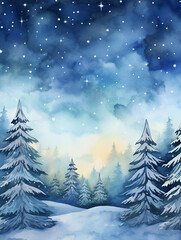 Fototapeta premium Watercolor illustration background with winter wonderland forest