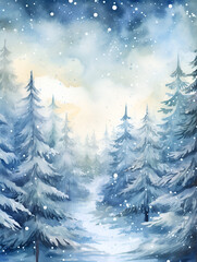 Fototapeta premium Watercolor illustration background with winter wonderland forest