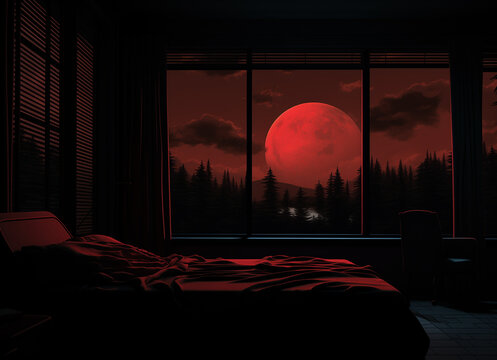 Blood red moon at night seen through bedroom window
