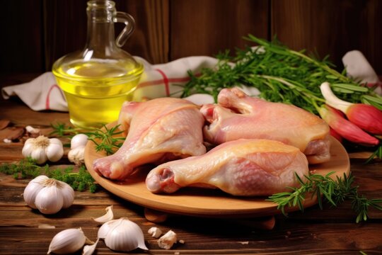 chicken legs and fresh garlic, butter in the background