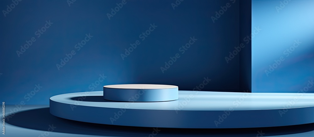 Poster mockup with empty podiums featuring a blue backdrop shadows and light for product presentation
