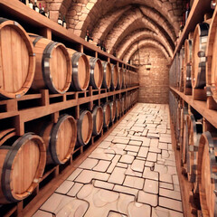 Wine barrels in the cellar of the winery. 3d rendering
