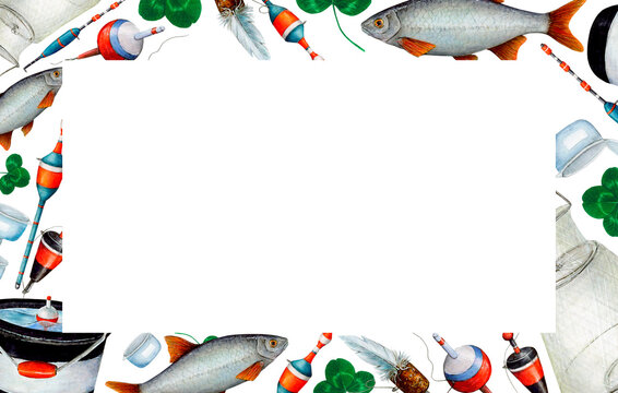 Watercolor drawing rectangle frame from various fishing bobblers, fish, buckets, clover leaves, fishing nets, fishing line, bait cans. White rectangle background in middle. Angling gear for wallpapers